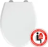 A white toilet seat with a circular red and white badge indicating it has been laboratory tested for a maximum weight capacity of 350 kg. Produktbild-Vorschau