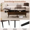 A coffee table with a lift-top mechanism is shown in a living room setting, with a laptop and a cup on it. There are also close-up shots of the table's legs and feet. Voir les images du produit