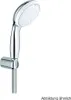 A close-up studio shot of a chrome and white hand shower head mounted on a shower rail. Produktbild-Vorschau