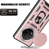 A close-up, angled view of a rose gold phone case with a camera slider and ring holder, against a white background. Produktbild-Vorschau