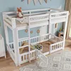 A white wooden bunk bed with a slide and a play area below, decorated with stars and a stuffed fox. Voir les images du produit