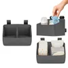 A collage of images showing a gray fabric organizer with compartments, filled with baby items like diapers, wipes, and bottles. One image shows a hand reaching for a blue baby toy. Produktbild-Vorschau