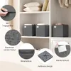 A collage of images showing details of storage boxes, including a hand holding a handle, a close-up of the fabric texture, the interior structure, and a foldable design. Produktbild-Vorschau