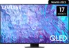 A Samsung QLED TV is displayed with marketing overlays. Produktbild-Vorschau