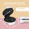 A waffle maker with measurements and text overlay. It shows the waffle maker open, closed, and from the side, with dimensions and key features highlighted. Produktbild-Vorschau