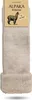 A pair of beige alpaca wool socks with a cardboard tag attached to the top. Produktbild-Vorschau