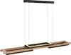 A modern pendant light fixture with a black metal frame and wood accents. Produktbild-Vorschau