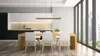 A modern dining room and kitchen area with a large window overlooking a city skyline. Anteprima dell’immagine prodotto