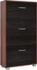 A dark wood shoe cabinet with three flip-down drawers and silver handles, standing on small silver feet. Produktbild-Vorschau