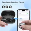 A hand holding a smartphone displaying Bluetooth settings, with a pair of wireless earbuds and their charging case in the foreground. Produktbild-Vorschau