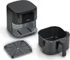 A black air fryer with its basket and grill rack are displayed on a white background. Produktbild-Vorschau