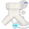 A white Y-shaped pipe fitting with two hose barb connections and a larger threaded connection at the top. Produktbild-Vorschau