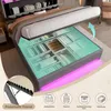 A bed with storage compartments underneath, illuminated by LED lights. Produktbild-Vorschau