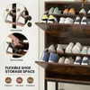 A shoe rack with multiple shelves filled with various shoes, shown with inset diagrams illustrating adjustable and removable shelves. Podgląd zdjęcia produktu