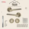 A product image showcasing door handles and their accessories against a light, neutral background with some graphic elements. Produktbild-Vorschau