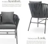 A close-up and a side view of a grey outdoor chair with rope detailing, presented against a white background with descriptive text. Náhled obrázku produktu