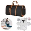 A collage of images showing a black duffel bag, a woman packing clothes, and an open garment bag. Produktbild-Vorschau