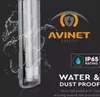 A close-up of a waterproof light fixture with water splashing on it, alongside marketing text and logos. Produktbild-Vorschau