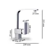 A silver kitchen faucet with dimensions indicated by text. Produktbild-Vorschau