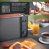 A collage showing a toaster, a family eating breakfast, and breakfast food items. Voir les images du produit