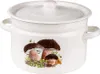 A white enamel pot with a lid, decorated with a mushroom motif. Produktbild-Vorschau