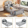 A child's bed with a house-shaped headboard and storage shelves, shown in a room setting and in two different configurations. Podgląd zdjęcia produktu