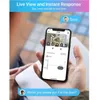 A person is holding a smartphone displaying a live view of a security camera feed, with chat bubbles indicating a conversation. Produktbild-Vorschau