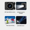 Collage of four images showcasing features of a camera, including its lens, a beam of light, people skiing, and a sensor diagram. Náhled obrázku produktu
