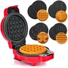 A red mini waffle maker with interchangeable plates and various waffle shapes including a classic waffle, a heart, a gingerbread man, and a pumpkin. Anteprima dell’immagine prodotto