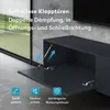 A close-up of a dark gray TV lowboard with one door open, showing its soft-close mechanism. Icons and text highlight product features. Produktbild-Vorschau