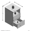 An isometric view of a three-drawer nightstand with dimensions and weight indications. Produktbild-Vorschau