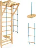 A wooden indoor climbing frame with various accessories, including a rope ladder and a wooden disc swing, displayed against a white background. Podgląd zdjęcia produktu