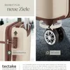 A split image showing details of a suitcase, including a TSA lock and wheels, with marketing text. Produktbild-Vorschau