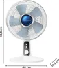 A white Rowenta table fan is shown against a white background, with dimensions indicated by text overlays. Produktbild-Vorschau