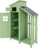A green wooden garden shed with an open door and shelves visible inside, and an open storage area to the right. Podgląd zdjęcia produktu