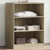 A three-shelf wooden cabinet with items on each shelf. Náhled obrázku produktu