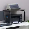 Brauner Holz- und schwarzer Metall-Druckerständer, der zwei Drucker hält, neben einem Computermonitor und einer Tastatur Náhľad obrázku produktu