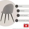 A grey upholstered chair with black legs is shown next to descriptive text and a certification logo. Náhľad obrázku produktu