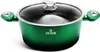 A green pot with a glass lid and silver handles, set against a white background. Produktbild-Vorschau