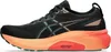 A side view of a black Asics running shoe with an orange and red sole. Podgląd zdjęcia produktu