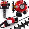 A collage of images showing different views of a red and black gasoline-powered hedge trimmer. Náhľad obrázku produktu