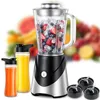 A blender with a glass pitcher filled with fruits and ice, accompanied by two travel bottles filled with juice, and spare blades. The background is blurred with images of fruits. Produktbild-Vorschau