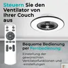 A ceiling fan with a remote control and text describing its features. Produktbild-Vorschau