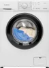 A front view of a white Bomann washing machine with a black door rim. The drum contains blue and beige laundry. Produktbild-Vorschau