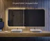 A modern bathroom vanity with two sinks and a large illuminated mirror. Produktbild-Vorschau