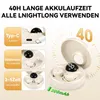 A collage of images showcasing wireless earbuds and their features, including charging and battery life. Produktbild-Vorschau