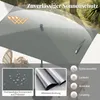 A close-up view of a gray rectangular patio umbrella, with inset images showing fabric details and a list of features. Podgląd zdjęcia produktu
