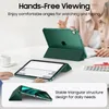 A person is using a tablet with a green case in a well-lit room, with text overlays highlighting features. Produktbild-Vorschau