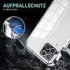 A clear phone case is shown with a graphic illustrating drop protection, set against a dark background with falling rocks. Produktbild-Vorschau