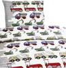 A flat lay of children's bedding with a construction vehicle theme. Produktbild-Vorschau